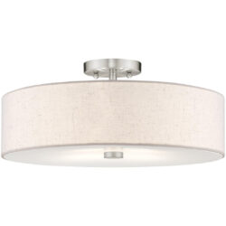 4 Light Brushed Nickel Ceiling Light fixture with Hand Crafted Oatmeal Color Fabric Hardback Shade-Lighting LumensFlush Mount Ceiling Lights