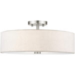 4 Light Brushed Nickel Ceiling Light fixture with Hand Crafted Oatmeal Color Fabric Hardback Shade-Lighting LumensFlush Mount Ceiling Lights