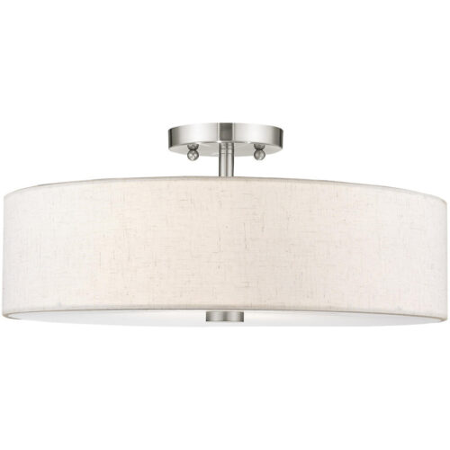 4 Light Brushed Nickel Ceiling Light fixture with Hand Crafted Oatmeal Color Fabric Hardback Shade-Lighting LumensFlush Mount Ceiling Lights