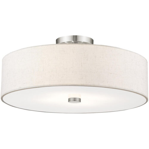 4 Light Brushed Nickel Ceiling Light fixture with Hand Crafted Oatmeal Color Fabric Hardback Shade-Lighting LumensFlush Mount Ceiling Lights