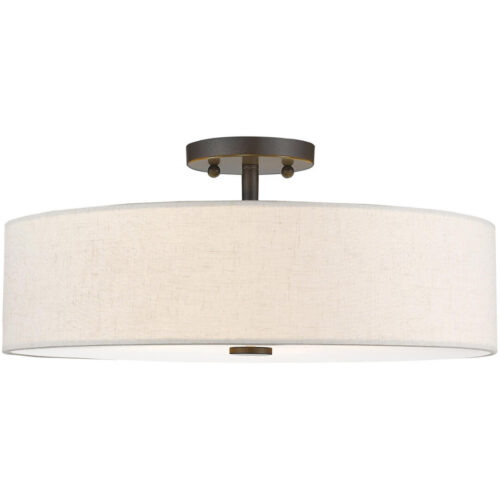 4 Light English Bronze Ceiling Light fixture with Hand Crafted Oatmeal Color Fabric Hardback Shade-Lighting LumensFlush Mount Ceiling Lights