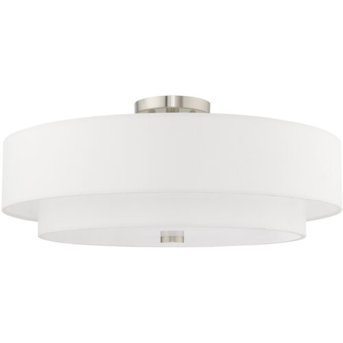 5 Light Brushed Nickel Ceiling Light fixture with Hand Crafted Off-White Fabric Hardback Shade-Lighting LumensFlush Mount Ceiling Lights