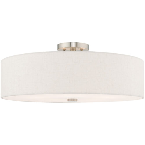 5 Light Brushed Nickel Ceiling Light fixture with Hand Crafted Oatmeal Fabric Hardback Shade-Lighting LumensFlush Mount Ceiling Lights