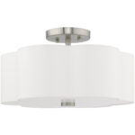 3 Light Brushed Nickel Ceiling Light fixture with Hand Crafted Off-White Fabric Hardback Shade-Lighting LumensFlush Mount Ceiling Lights