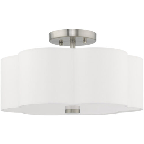 3 Light Brushed Nickel Ceiling Light fixture with Hand Crafted Off-White Fabric Hardback Shade-Lighting LumensFlush Mount Ceiling Lights