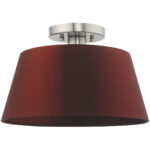 1 Light Brushed Nickel Ceiling Light fixture with Hand Crafted Red Wine Fabric Hardback Shade-Lighting LumensFlush Mount Ceiling Lights