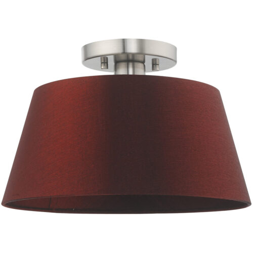 1 Light Brushed Nickel Ceiling Light fixture with Hand Crafted Red Wine Fabric Hardback Shade-Lighting LumensFlush Mount Ceiling Lights