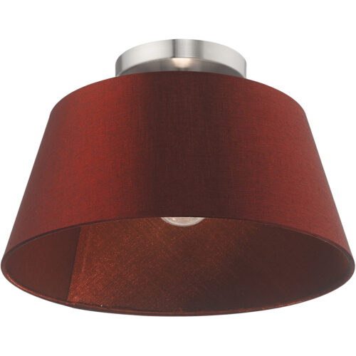 1 Light Brushed Nickel Ceiling Light fixture with Hand Crafted Red Wine Fabric Hardback Shade-Lighting LumensFlush Mount Ceiling Lights