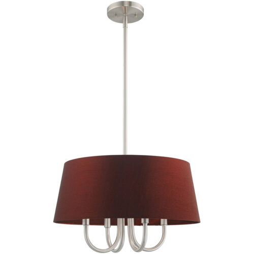 4 Light Brushed Nickel Pendant Chandelier with Hand Crafted Red Wine Fabric Hardback Shade-Lighting LumensChandeliers