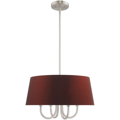 4 Light Brushed Nickel Pendant Chandelier with Hand Crafted Red Wine Fabric Hardback Shade-Lighting LumensChandeliers