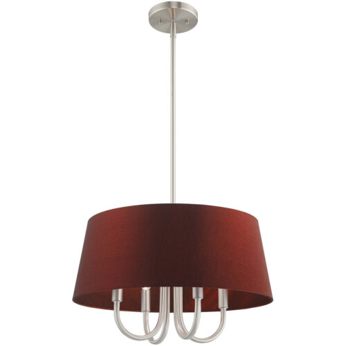 4 Light Brushed Nickel Pendant Chandelier with Hand Crafted Red Wine Fabric Hardback Shade-Lighting LumensChandeliers