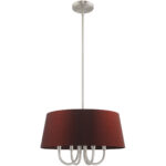 4 Light Brushed Nickel Pendant Chandelier with Hand Crafted Red Wine Fabric Hardback Shade-Lighting LumensChandeliers