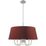 6 Light Brushed Nickel Pendant Chandelier with Hand Crafted Red Wine Fabric Hardback Shade-Lighting LumensChandeliers