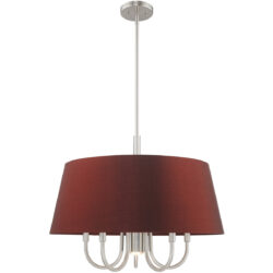 6 Light Brushed Nickel Pendant Chandelier with Hand Crafted Red Wine Fabric Hardback Shade-Lighting LumensChandeliers