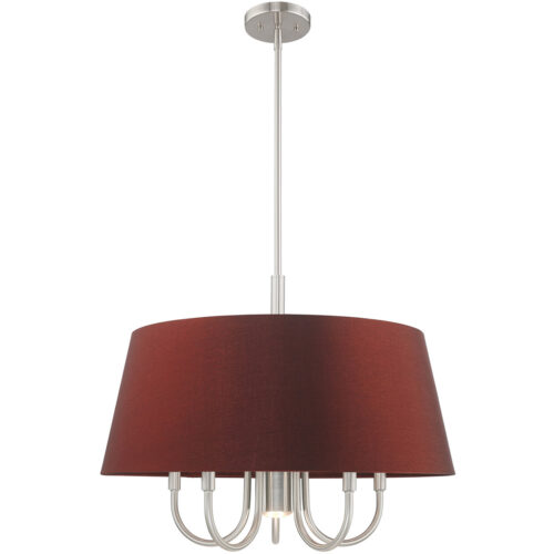 6 Light Brushed Nickel Pendant Chandelier with Hand Crafted Red Wine Fabric Hardback Shade-Lighting LumensChandeliers