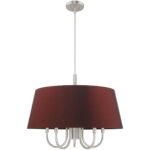 6 Light Brushed Nickel Pendant Chandelier with Hand Crafted Red Wine Fabric Hardback Shade-Lighting LumensChandeliers