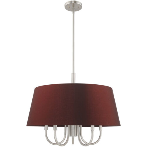 6 Light Brushed Nickel Pendant Chandelier with Hand Crafted Red Wine Fabric Hardback Shade-Lighting LumensChandeliers