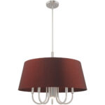 6 Light Brushed Nickel Pendant Chandelier with Hand Crafted Red Wine Fabric Hardback Shade-Lighting LumensChandeliers