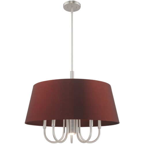 6 Light Brushed Nickel Pendant Chandelier with Hand Crafted Red Wine Fabric Hardback Shade-Lighting LumensChandeliers