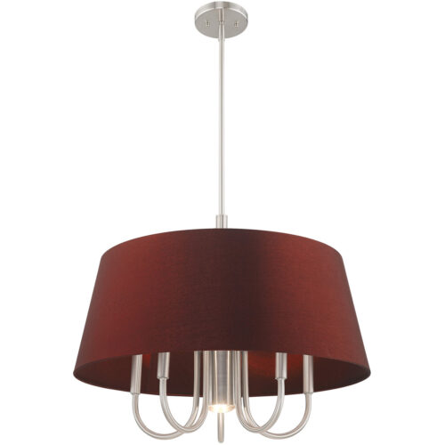 6 Light Brushed Nickel Pendant Chandelier with Hand Crafted Red Wine Fabric Hardback Shade-Lighting LumensChandeliers