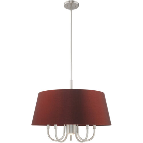 6 Light Brushed Nickel Pendant Chandelier with Hand Crafted Red Wine Fabric Hardback Shade-Lighting LumensChandeliers