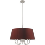 6 Light Brushed Nickel Pendant Chandelier with Hand Crafted Red Wine Fabric Hardback Shade-Lighting LumensChandeliers