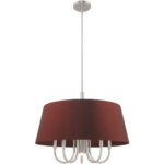 6 Light Brushed Nickel Pendant Chandelier with Hand Crafted Red Wine Fabric Hardback Shade-Lighting LumensChandeliers