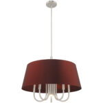 6 Light Brushed Nickel Pendant Chandelier with Hand Crafted Red Wine Fabric Hardback Shade-Lighting LumensChandeliers