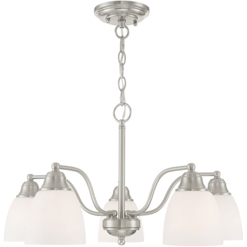 5 Light Brushed Nickel Dinette Chandelier/Semi Flush with Hand Blown Satin Opal White Glass Shade-Lighting LumensSemi Flush