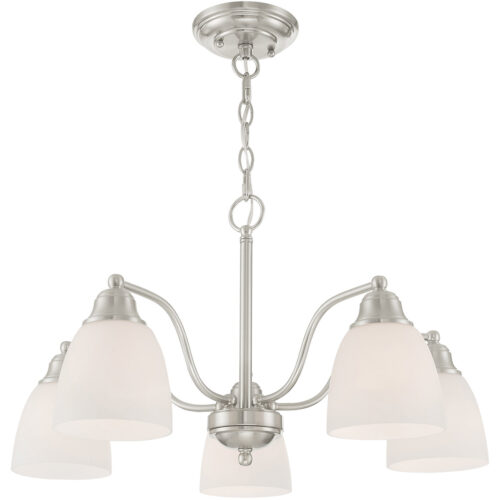 5 Light Brushed Nickel Dinette Chandelier/Semi Flush with Hand Blown Satin Opal White Glass Shade-Lighting LumensSemi Flush