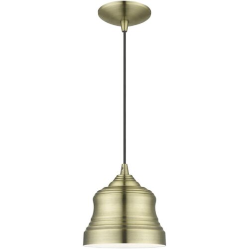 55901-01 1 Light Antique Brass Mini Bell Pendant with Shiny White Finish Inside-Lighting LumensPendant Lights