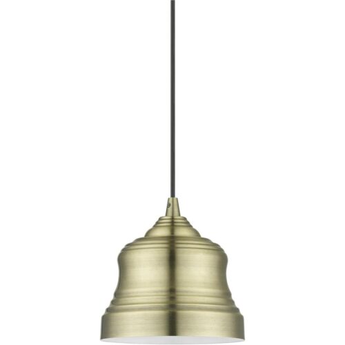 55901-01 1 Light Antique Brass Mini Bell Pendant with Shiny White Finish Inside-Lighting LumensPendant Lights