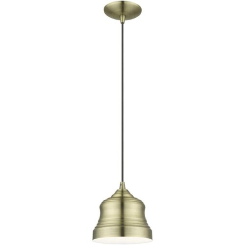 55901-01 1 Light Antique Brass Mini Bell Pendant with Shiny White Finish Inside-Lighting LumensPendant Lights