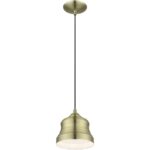 55901-01 1 Light Antique Brass Mini Bell Pendant with Shiny White Finish Inside-Lighting LumensPendant Lights