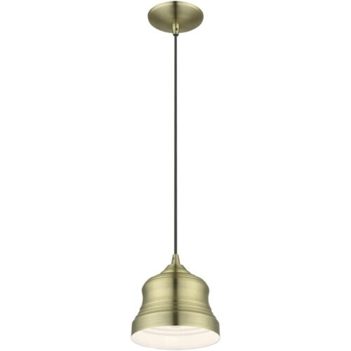 55901-01 1 Light Antique Brass Mini Bell Pendant with Shiny White Finish Inside-Lighting LumensPendant Lights