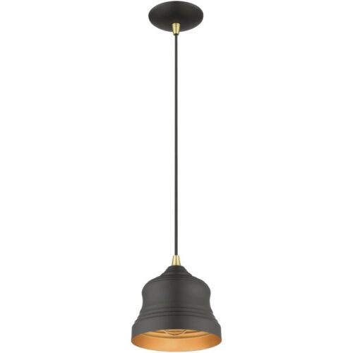 55901-07 1 Light Bronze Mini Bell Pendant with Gold Finish Inside-Lighting LumensPendant Lights