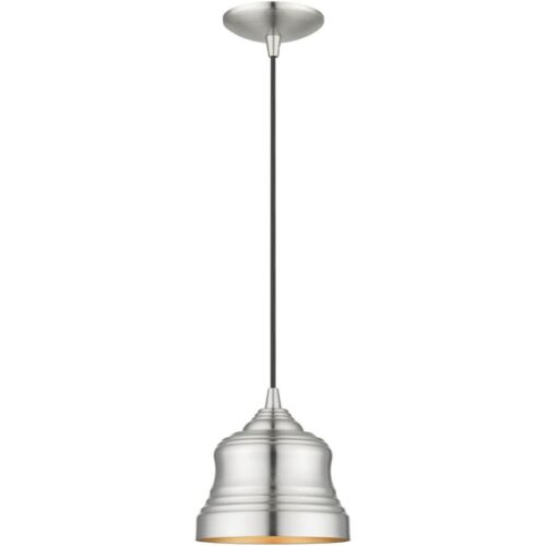 55901-91 1 Light Brushed Nickel Mini Bell Pendant with Gold Finish Inside-Lighting LumensPendant Lights