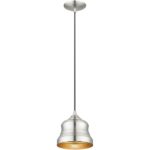 55901-91 1 Light Brushed Nickel Mini Bell Pendant with Gold Finish Inside-Lighting LumensPendant Lights