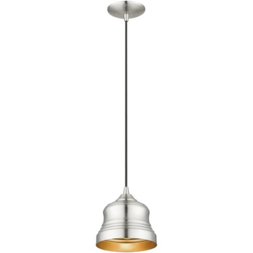 55901-91 1 Light Brushed Nickel Mini Bell Pendant with Gold Finish Inside-Lighting LumensPendant Lights