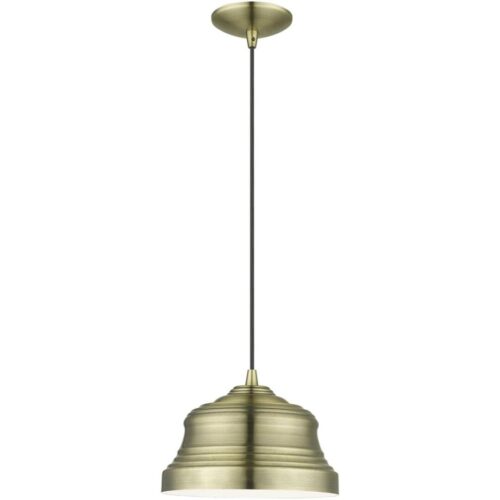 55902-01 1 Light Antique Brass Bell Pendant with Shiny White Finish Inside-Lighting LumensPendant Lights