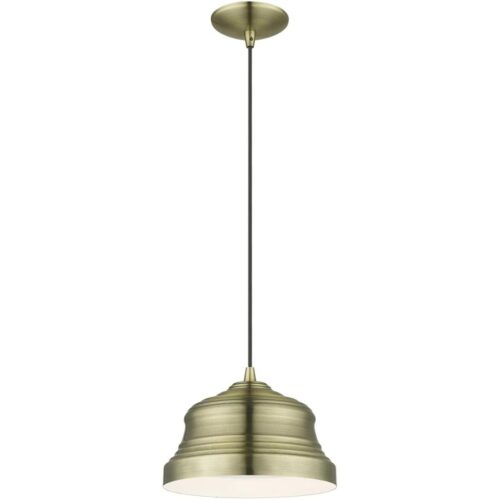 55902-01 1 Light Antique Brass Bell Pendant with Shiny White Finish Inside-Lighting LumensPendant Lights