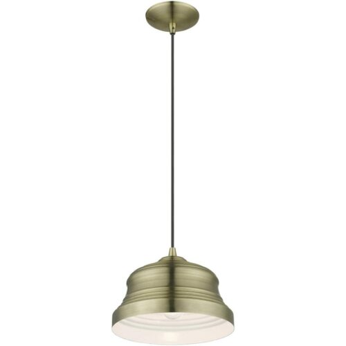 55902-01 1 Light Antique Brass Bell Pendant with Shiny White Finish Inside-Lighting LumensPendant Lights