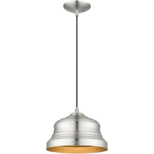 55902-91 1 Light Brushed Nickel Bell Pendant with Gold Finish Inside-Lighting LumensPendant Lights