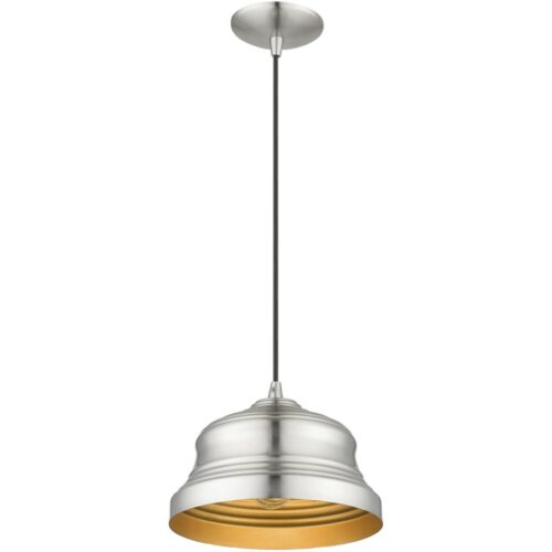 55902-91 1 Light Brushed Nickel Bell Pendant with Gold Finish Inside-Lighting LumensPendant Lights