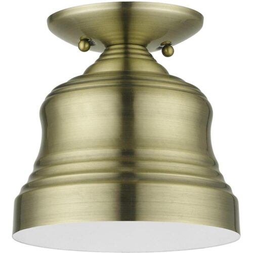 55909-01 1 Light Antique Brass Bell Petite Bell Semi-Flush with Shiny White Finish Inside-Lighting LumensSemi Flush