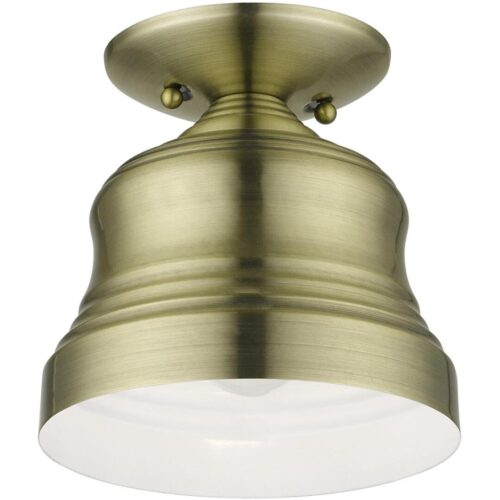 55909-01 1 Light Antique Brass Bell Petite Bell Semi-Flush with Shiny White Finish Inside-Lighting LumensSemi Flush