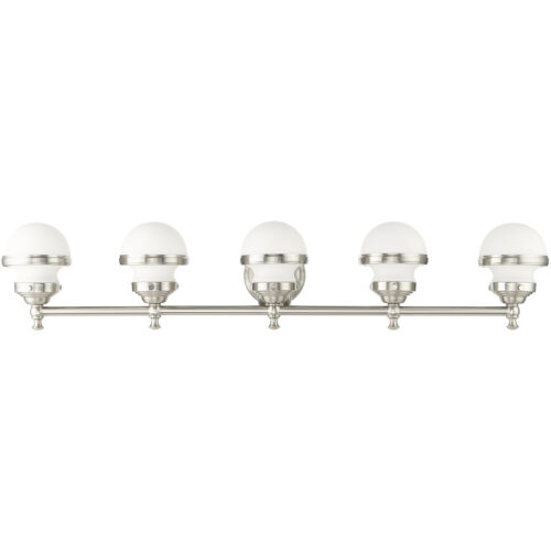 42 inch 5 Light Brushed Nickel Bathroom Vanity light fixture with Hand Blown Satin Opal White Glass Shade-Lighting LumensBath/Vanity