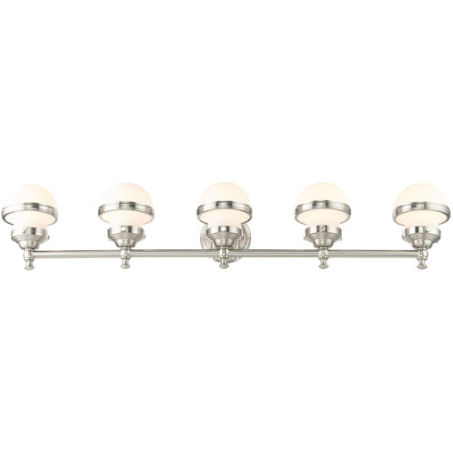 42 inch 5 Light Brushed Nickel Bathroom Vanity light fixture with Hand Blown Satin Opal White Glass Shade-Lighting LumensBath/Vanity