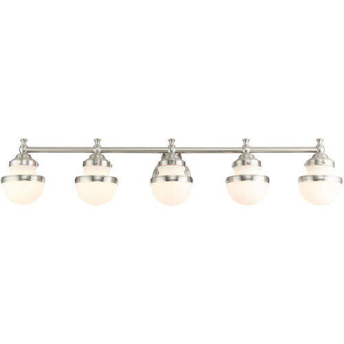 42 inch 5 Light Brushed Nickel Bathroom Vanity light fixture with Hand Blown Satin Opal White Glass Shade-Lighting LumensBath/Vanity