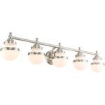 42 inch 5 Light Brushed Nickel Bathroom Vanity light fixture with Hand Blown Satin Opal White Glass Shade-Lighting LumensBath/Vanity